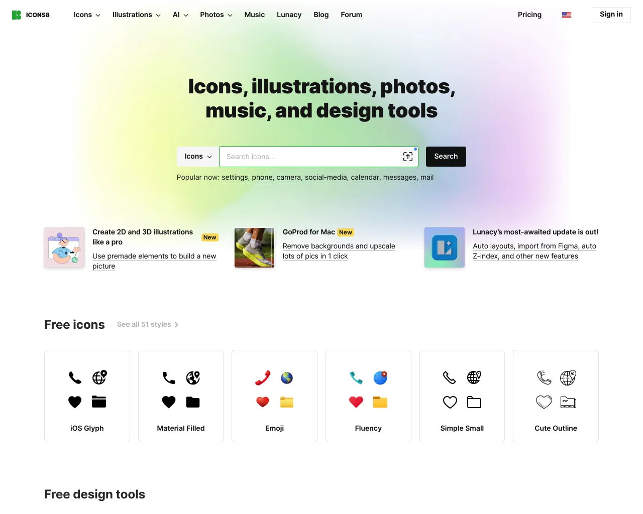 Icons, Illustrations, Photos, Music and Design Tools