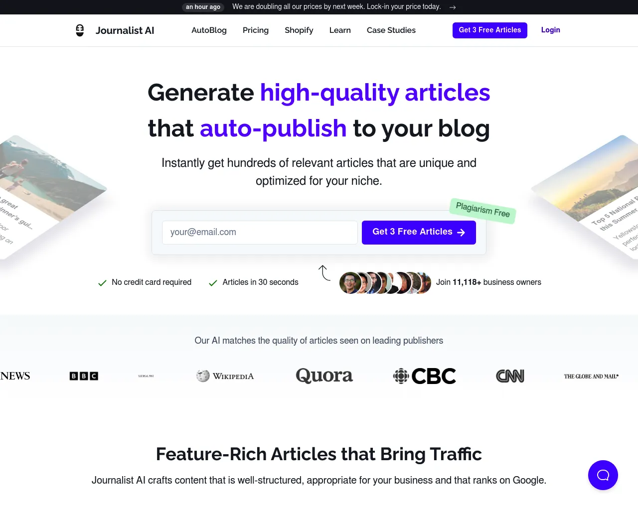 Generate high-quality articles that auto-publish to your blog
