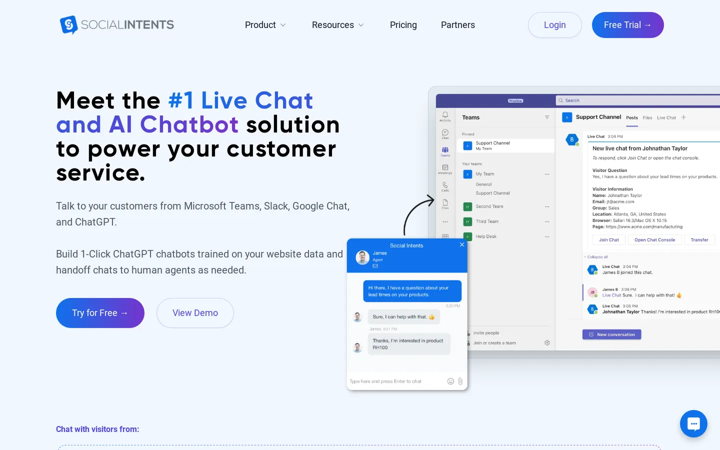 Live Chat + Advanced AI Chatbots trained on your data | Social Intents