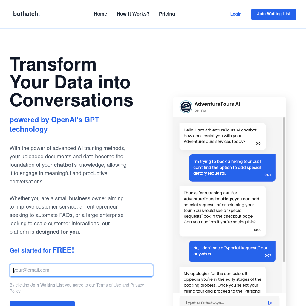 Transform Your Data into Conversations with Your Own Custom GPT-powered Chatbots | bothatch