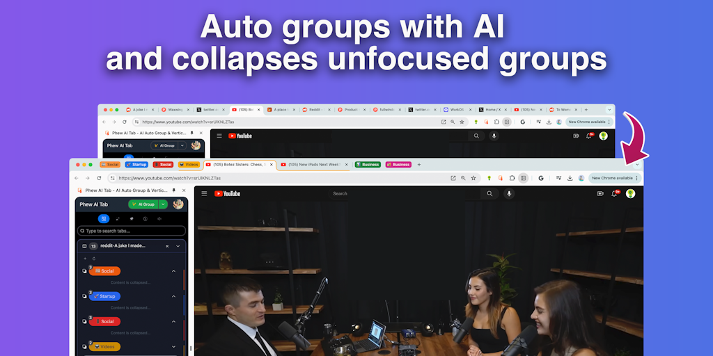 Phew AI Tab - Manage tabs with AI grouping and spaces in a sidebar