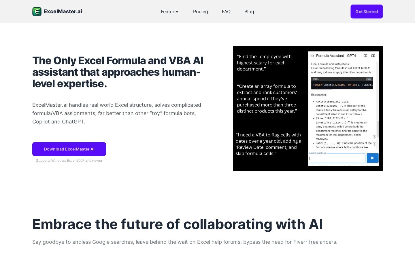 ExcelMaster.ai - 人間の専門知識に匹敵する唯一のExcel数式＆VBA AIアシスタント