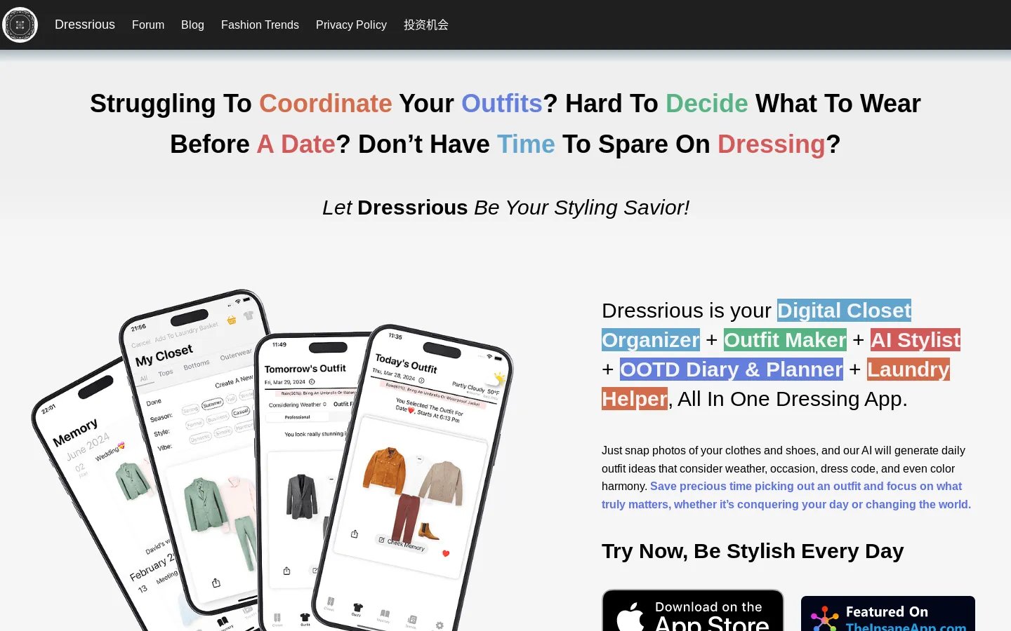 Dressrious - Application de Gestion de la Mode IA : Planificateur de Tenues, Styliste, Lookbook