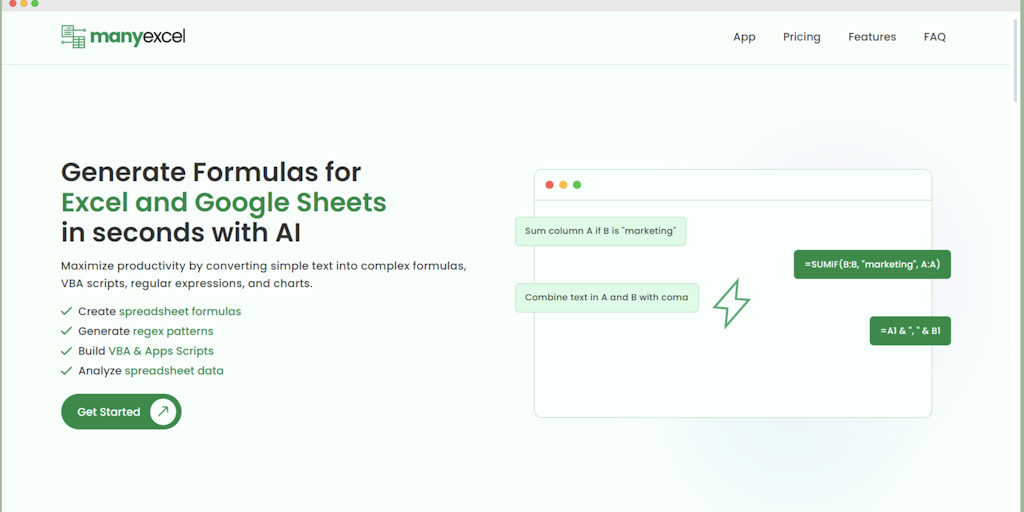 ManyExcel - Convert Text into Spreadsheet Formulas with AI