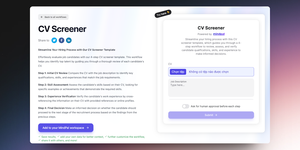 CV Screener | MindPal - Avaliação Automática de Candidatos