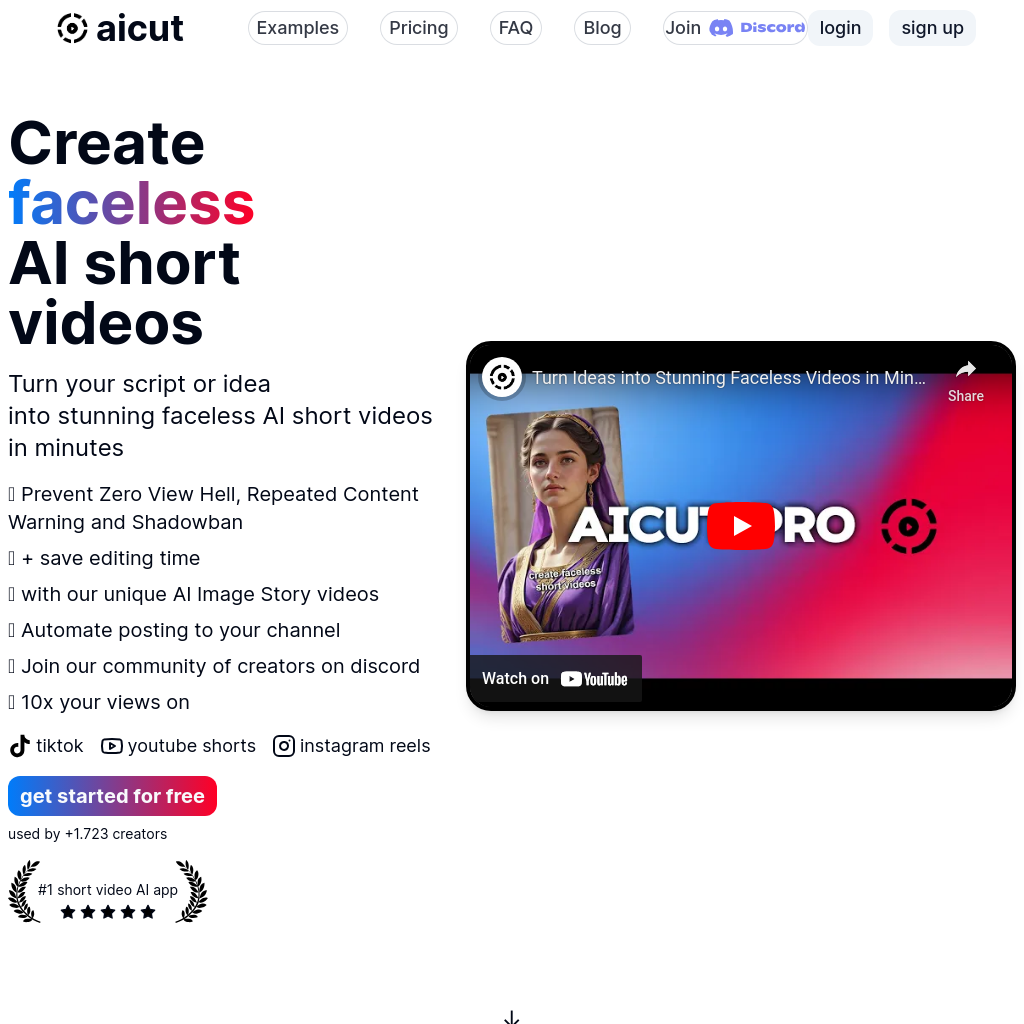 aicut - Vidéos courtes AI sans visage pour TikTok, YouTube Shorts et Instagram Reels