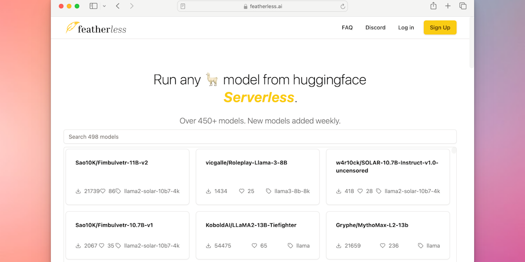 Featherless - Serverless LLM (450+ 模型)