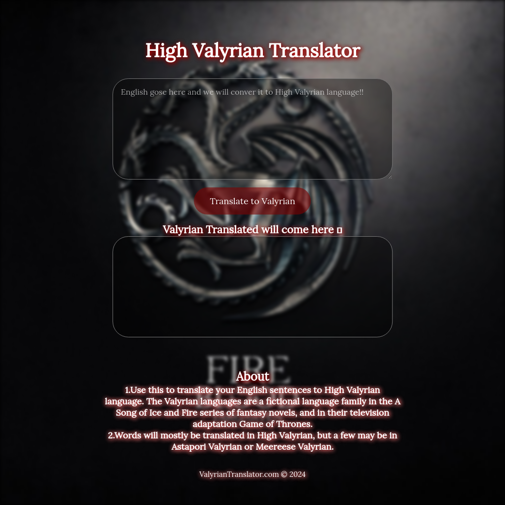 High Valyrian Translator - 英語からヴァリリア語へ