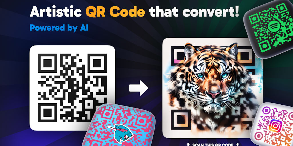 Gerador de Arte de Código QR AI Grátis (2024) • Scanner, Link na Bio, Smart Link, Análise, Espaço de Trabalho, Monkey, Tiger