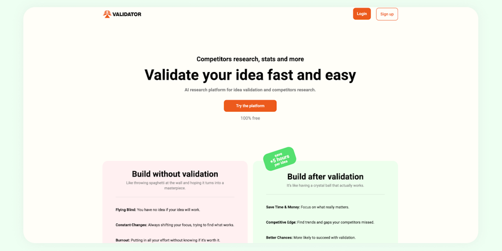 Validator.help - Validación de Ideas AI, Investigación de la Competencia