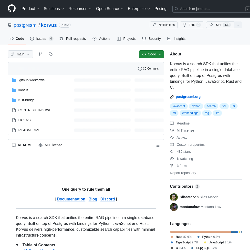 GitHub - postgresml/korvus: Korvus - SDK de recherche unifié RAG dans une requête SQL