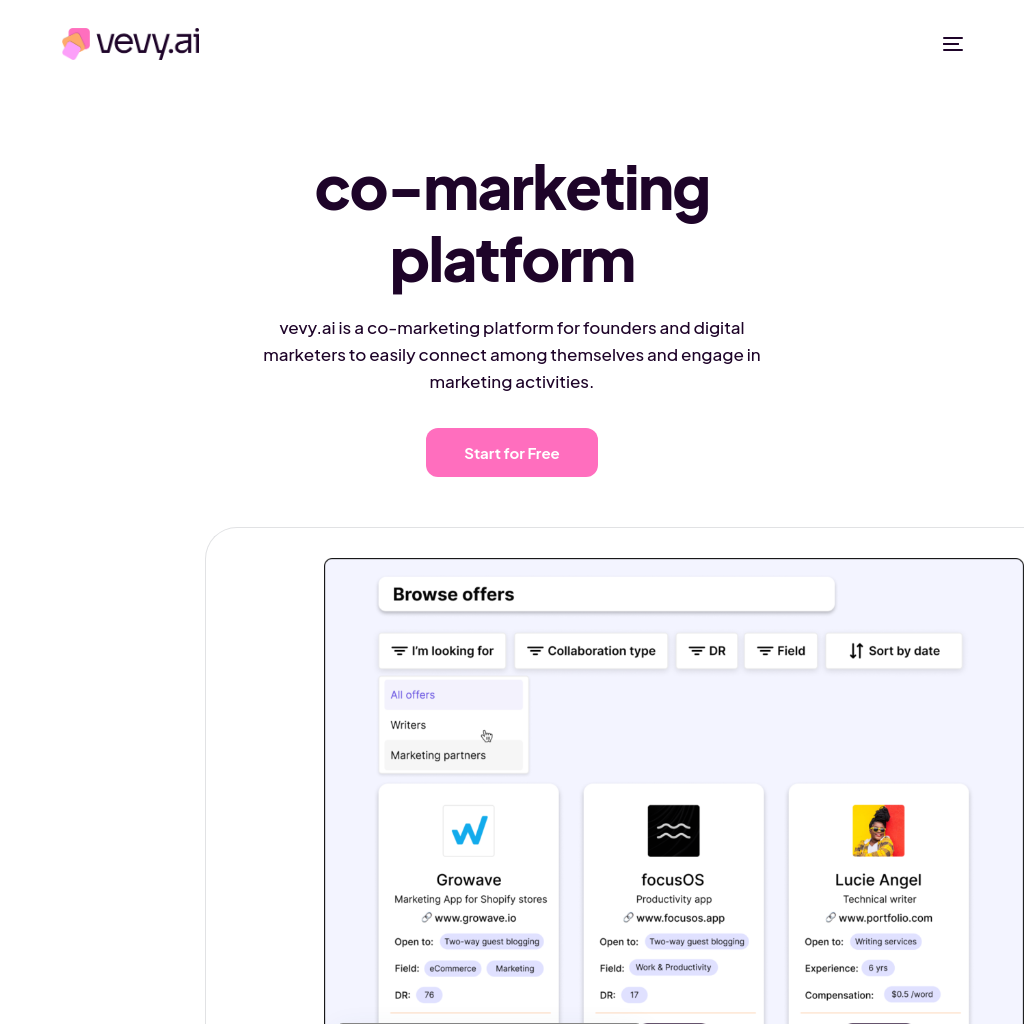 Vevy.ai - Co-Marketing Platform for Founders & Marketers