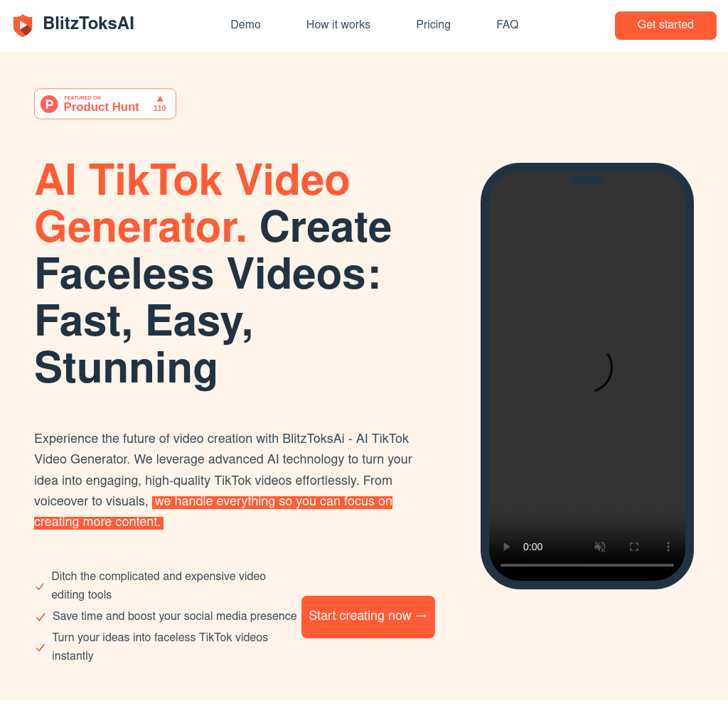 BlitzToksAI - AI TikTok Video Generator | Faceless Videos - Fast & Easy