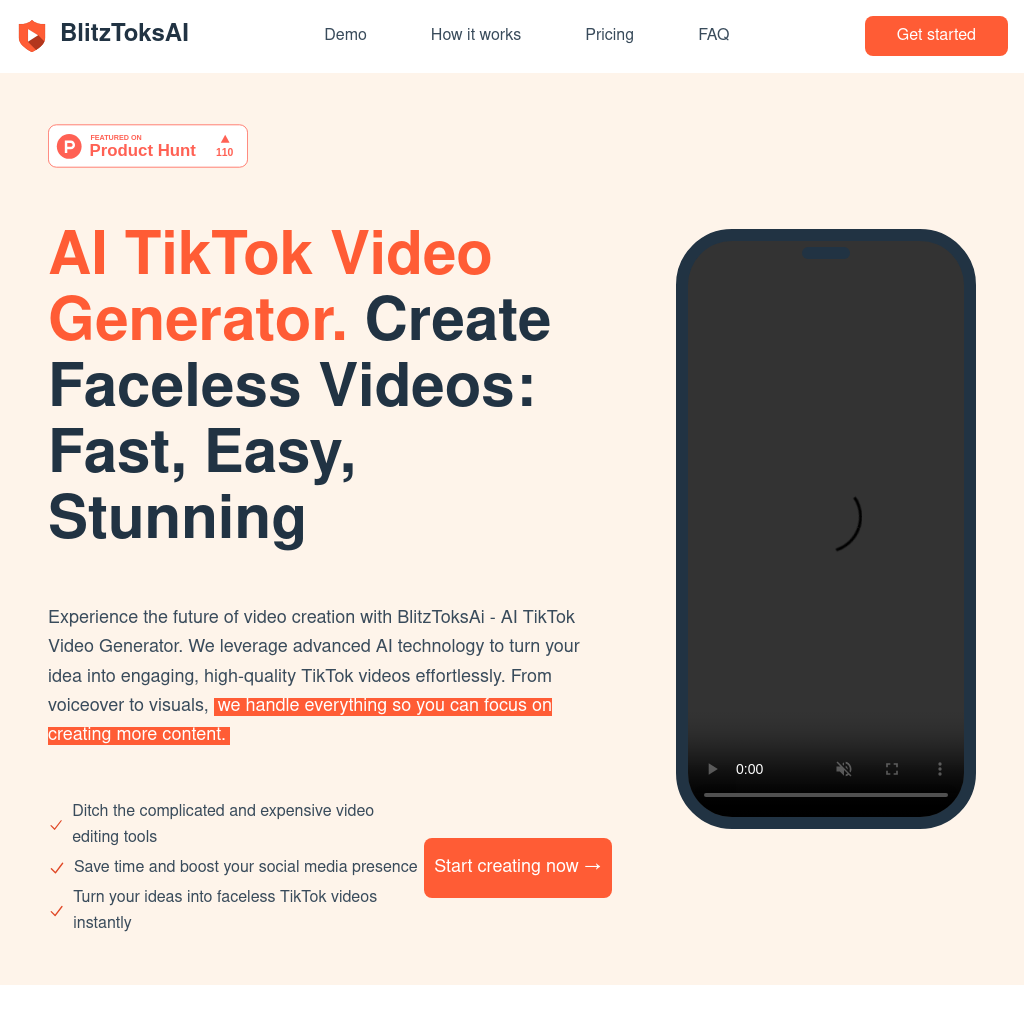 AI TikTok Video Generator - BlitzToksAi | Schnelle & Einfache Faceless Videos