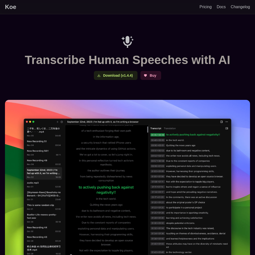 Koe - AI Transcription for Audio and Video Files