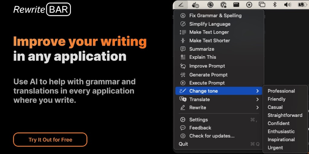 RewriteBar - Improve your writing in any macOS app with AI assistance