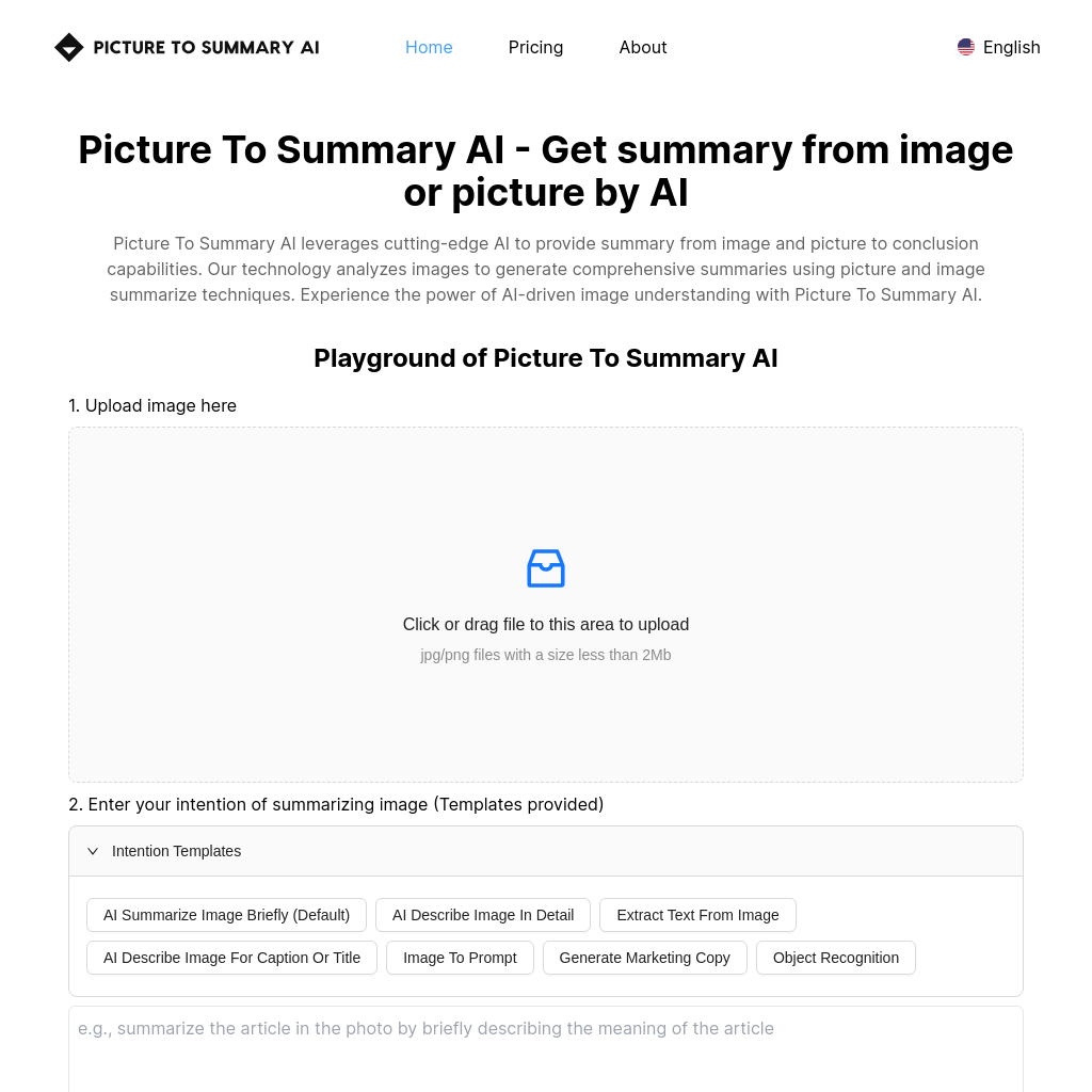 Picture To Summary AI - Résumé intelligent d'images et photos par l'IA