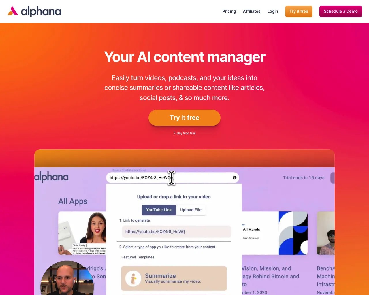 Alphana - AI Content Manager - 轉換影片為文章、社群媒體內容等