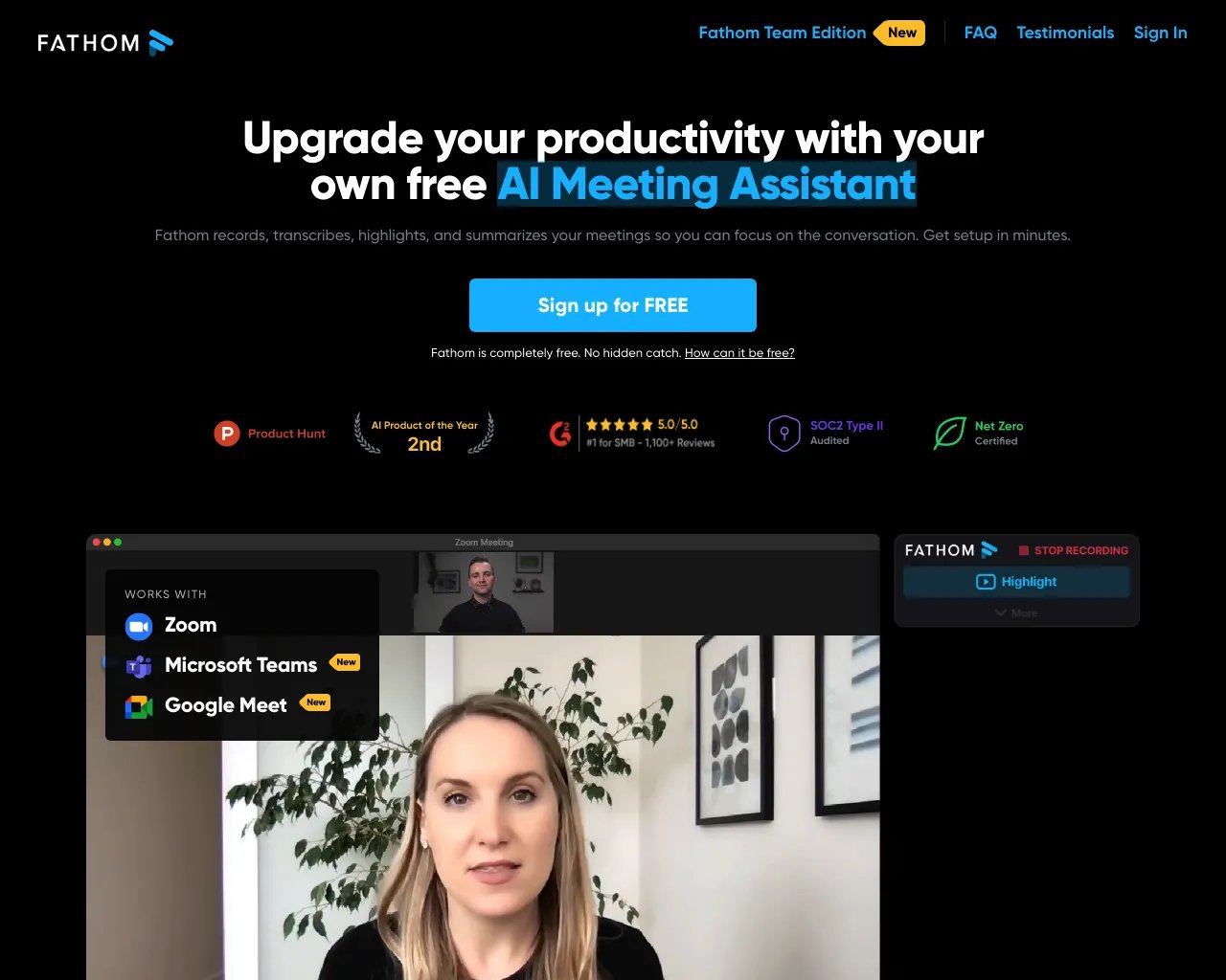 Fathom - Бесплатный AI-ассистент записи встреч