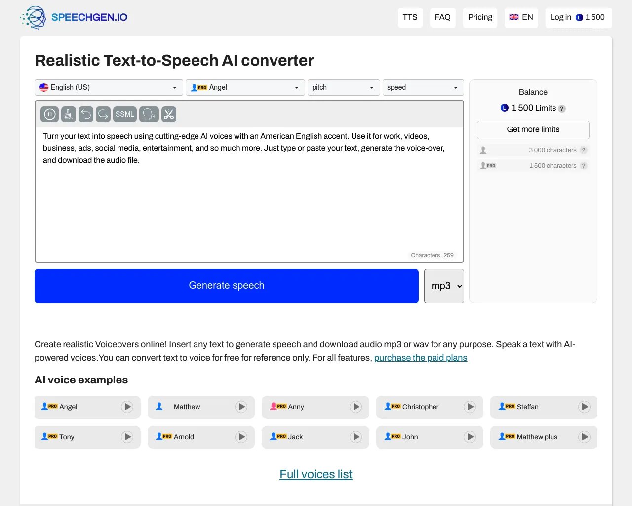 リアルなテキスト読み上げ変換器＆AIボイスジェネレーター - SpeechGen