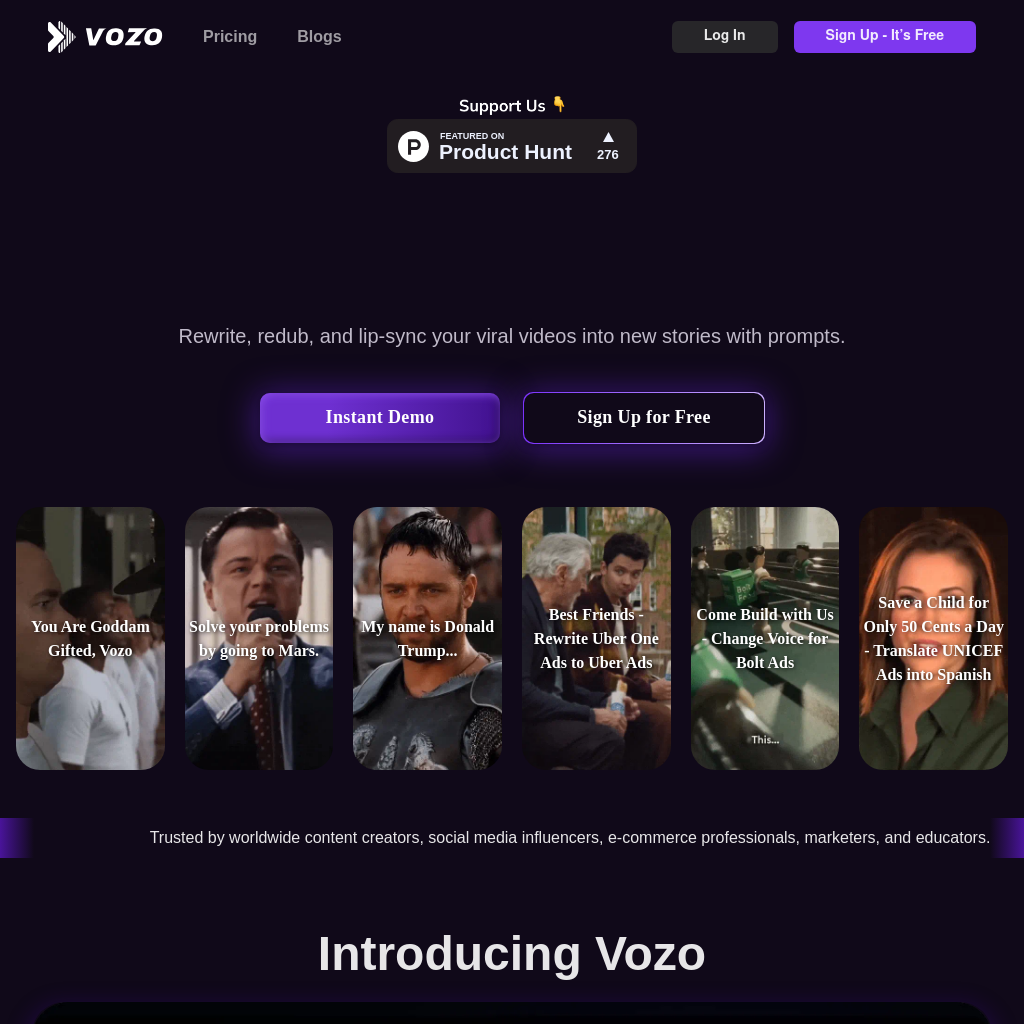 Vozo - Gerador de Vídeos AI | Reescreva e Redube com Prompts