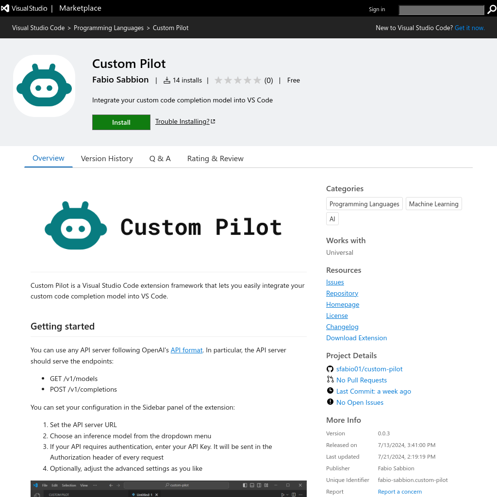 Custom Pilot - Visuelle Studio Marketplace für Code-Vervollständigung