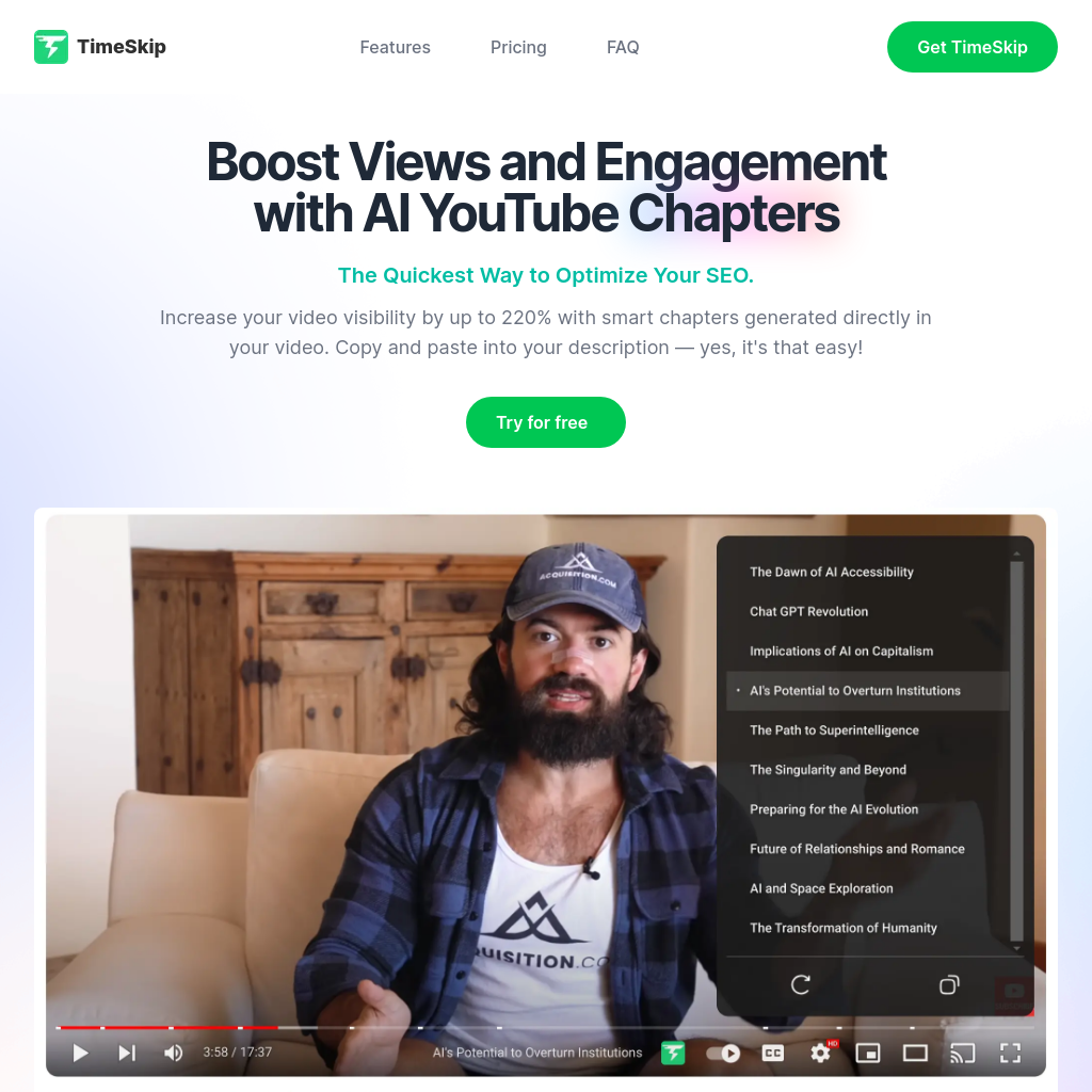 TimeSkip - Boost Views and Engagement with AI YouTube Chapters!