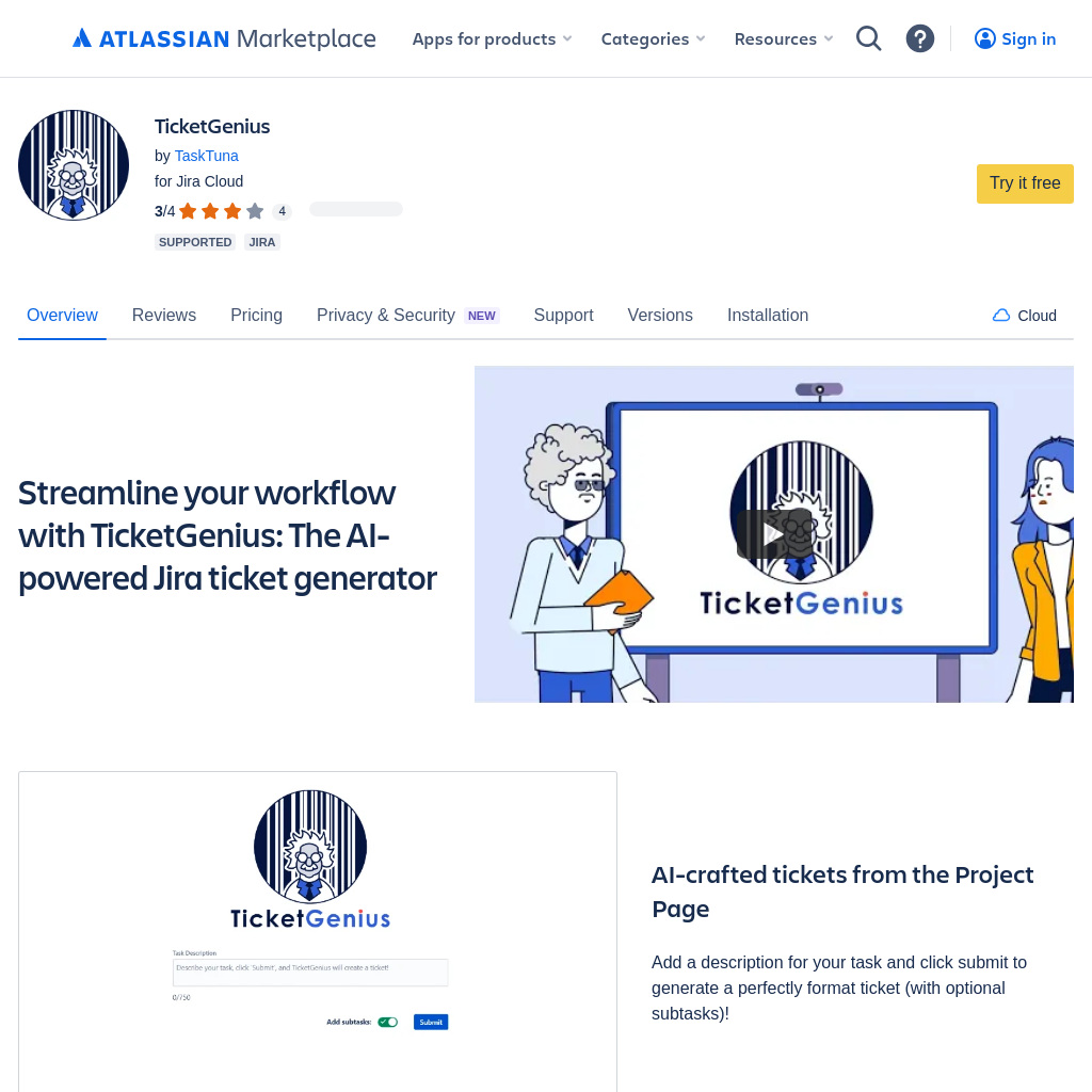 TicketGenius | Générateur de tickets Jira AI sur Atlassian Marketplace