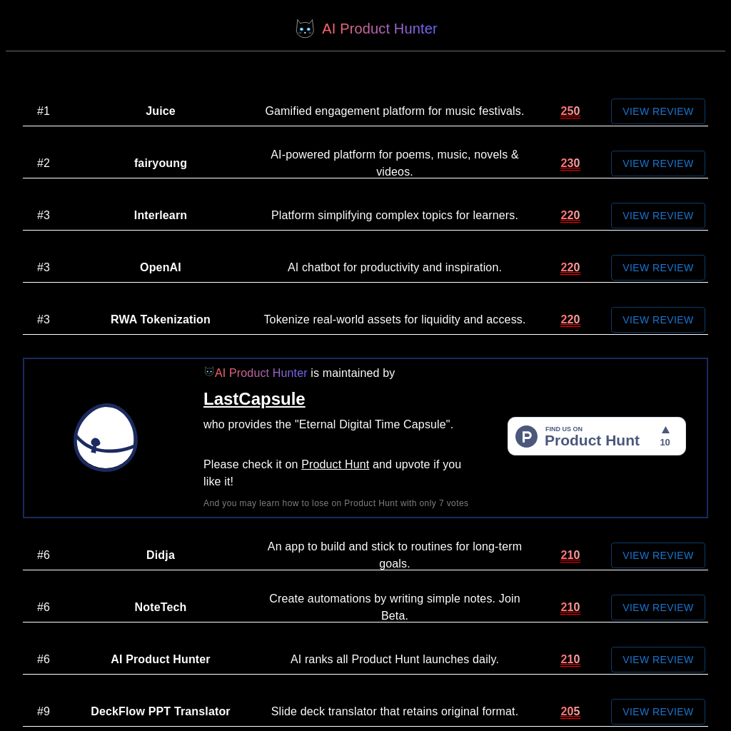 AI Product Hunter - Découvrez les Meilleures Lancements AI sur Product Hunt