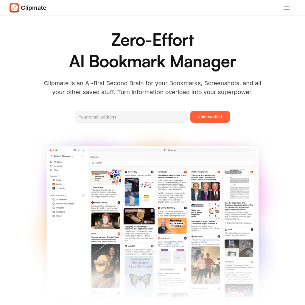 Clipmate AI - Effortless Bookmark Management for Screenshots & Links