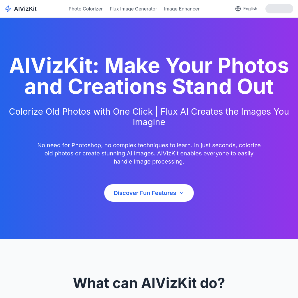 AIVizKit | 免費 AI 照片編輯器 - 上色、創造與增強影像