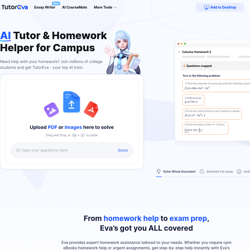 TutorEva - Your Ultimate AI Homework Helper & Tutor for College Success