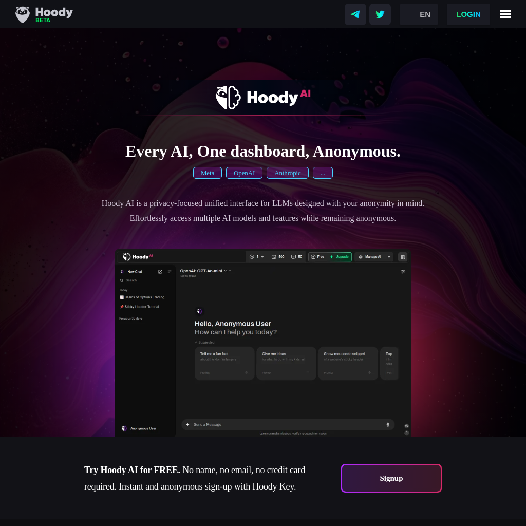 Hoody AI | Utilisez AI anonymement et gratuitement avec Hoody