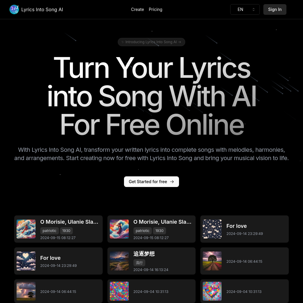 Lyrics Into Song AI - Convierte tus letras en música gratis en línea