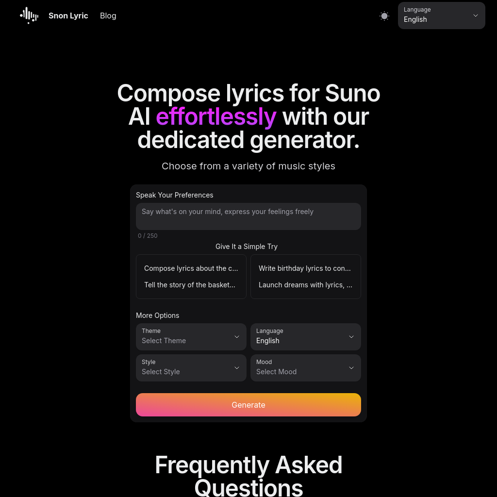 Snon Lyric - Create Lyrics Effortlessly with Suno AI