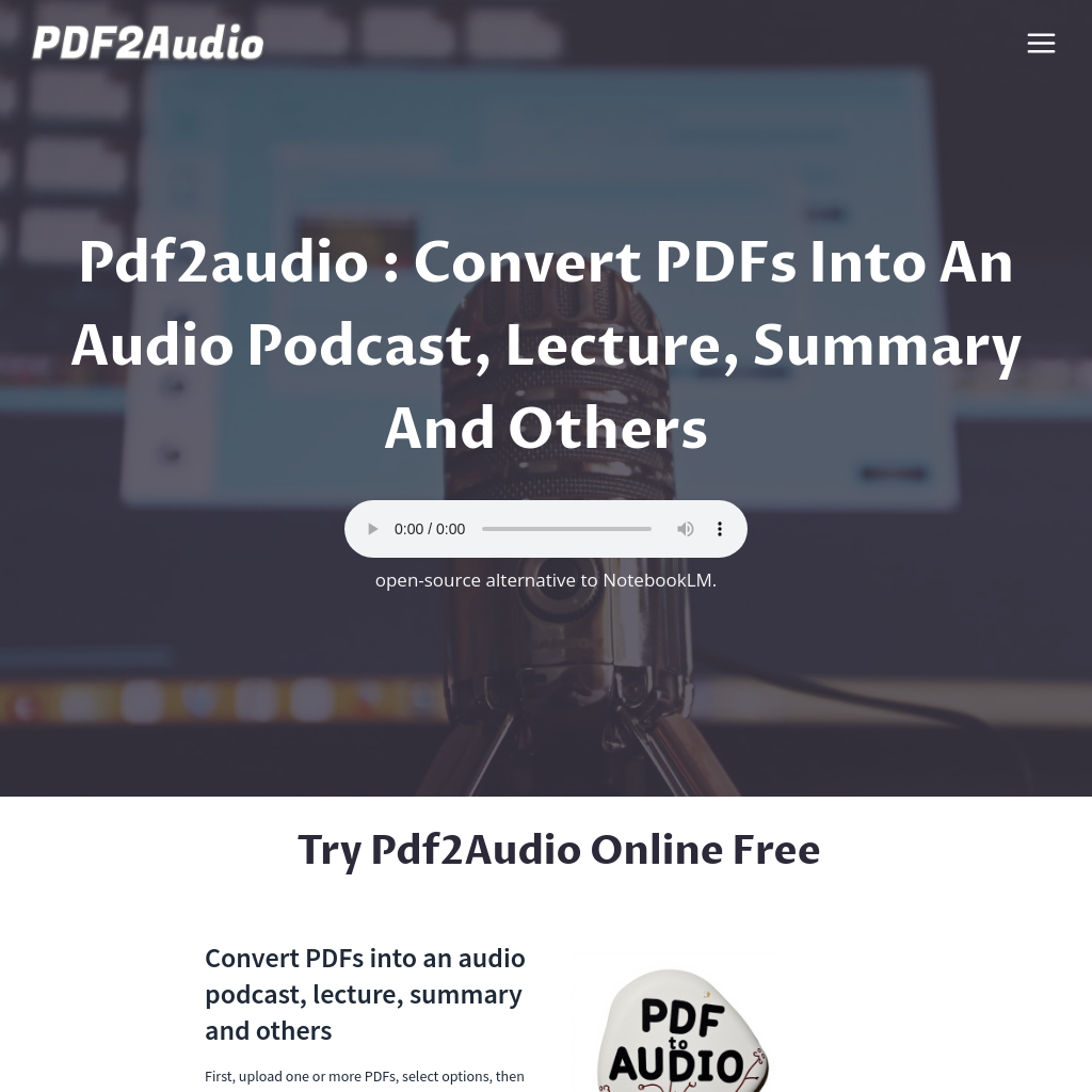 PDF2Audio: Convert PDFs to Audio Podcasts & Lectures