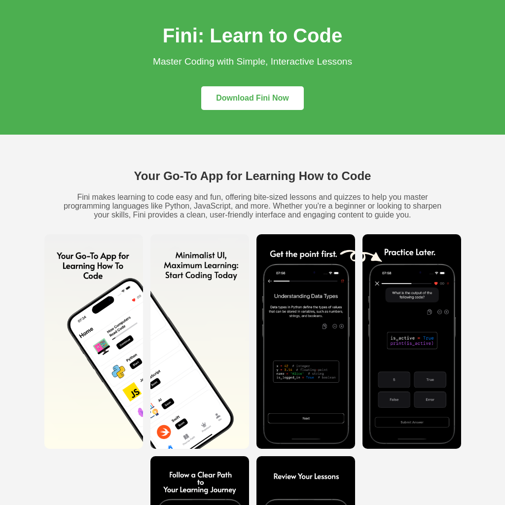 Fini: Master Coding with Fun Interactive Lessons