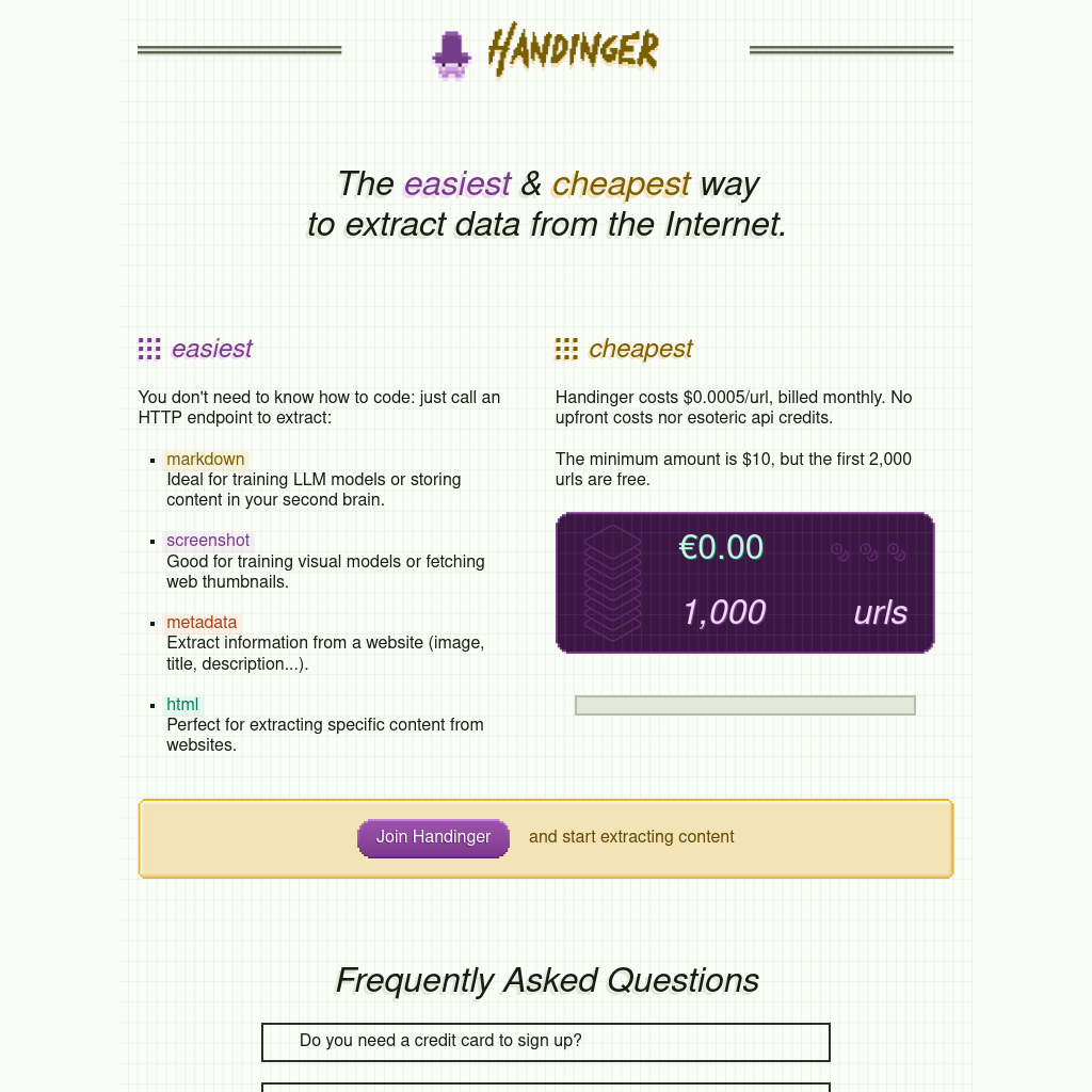 Handinger: Affordable Data Extraction from the Internet