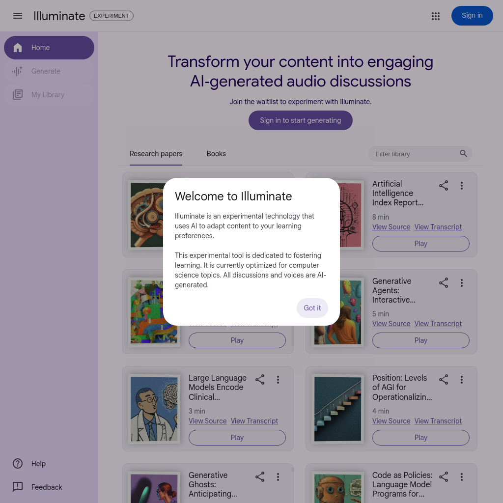 Illuminate: AI-Generated Audio Summaries for Research Papers