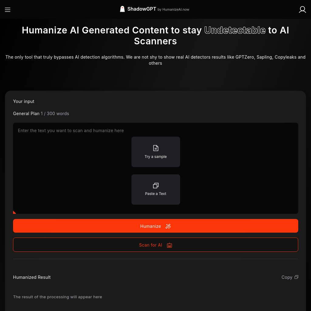 ShadowGPT by HumanizeAI | Undetectable AI Content Humanizer & Detector