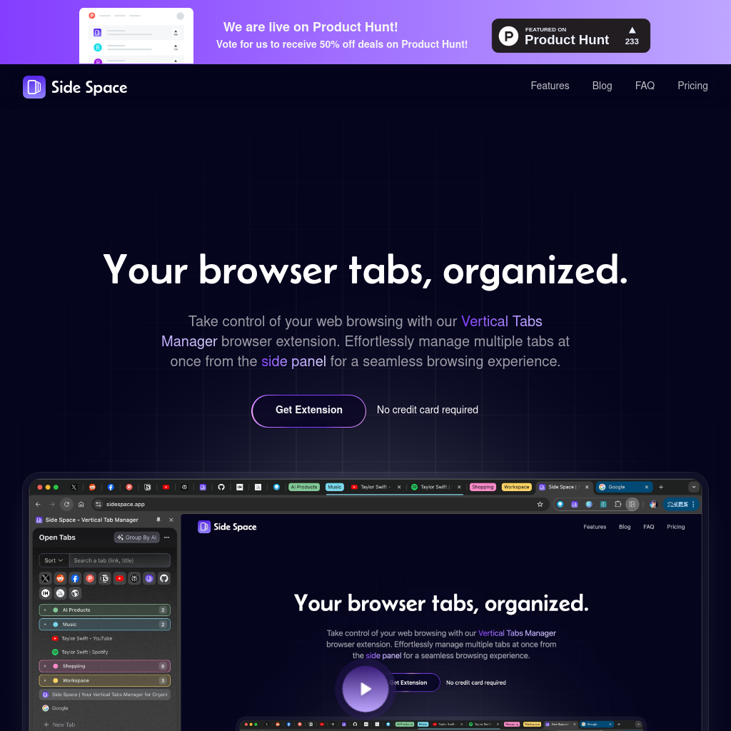 Side Space | AI-Powered Vertical Tabs Manager for Browsing