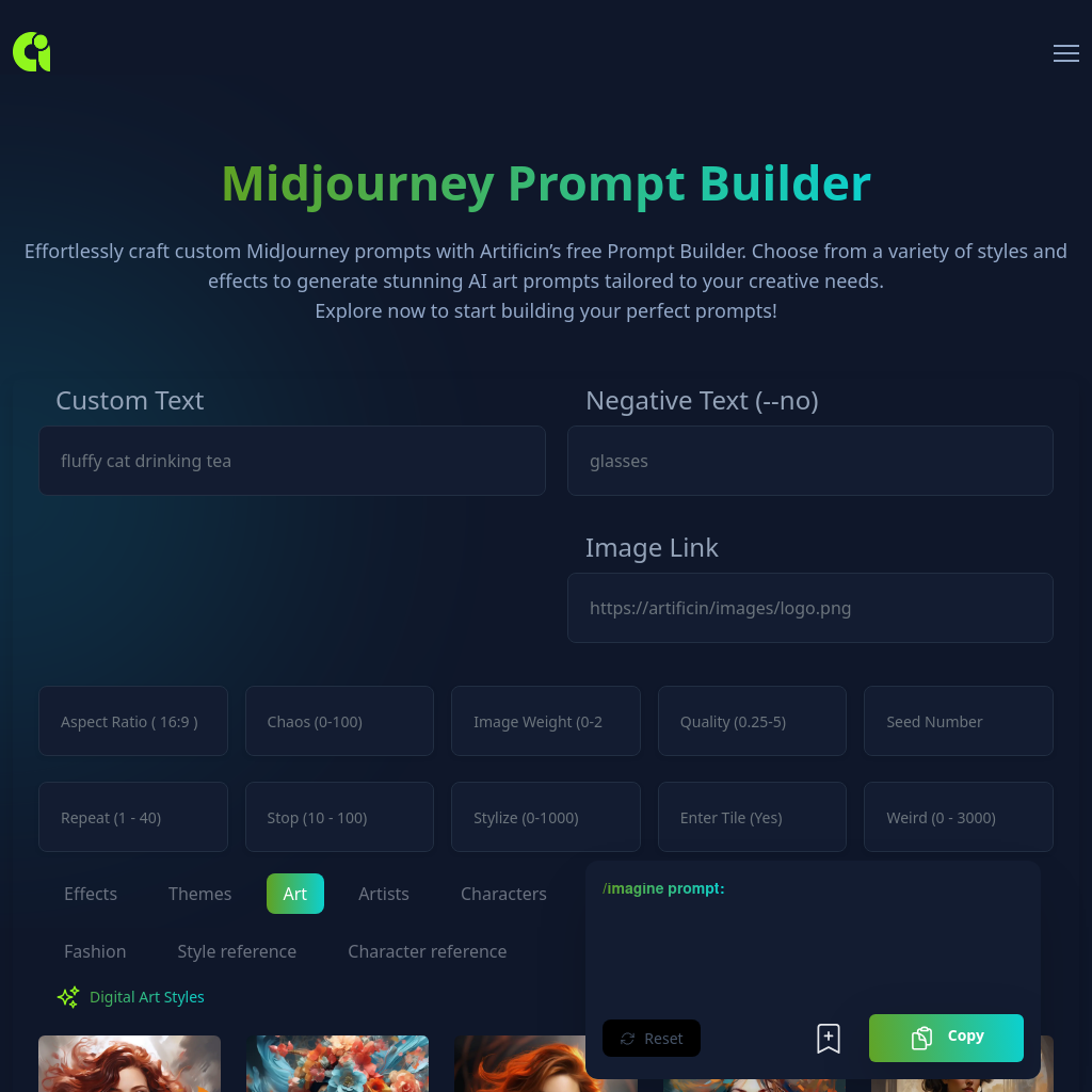 Artificin: Free MidJourney Prompt Builder for Stunning AI Art