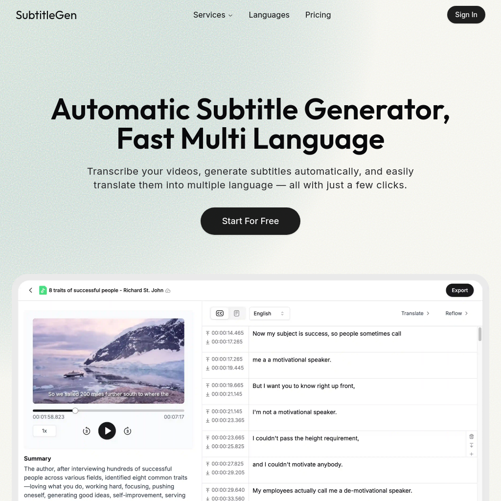 SubtitleGen - AI Subtitle Generator for Accurate Transcription & Translation