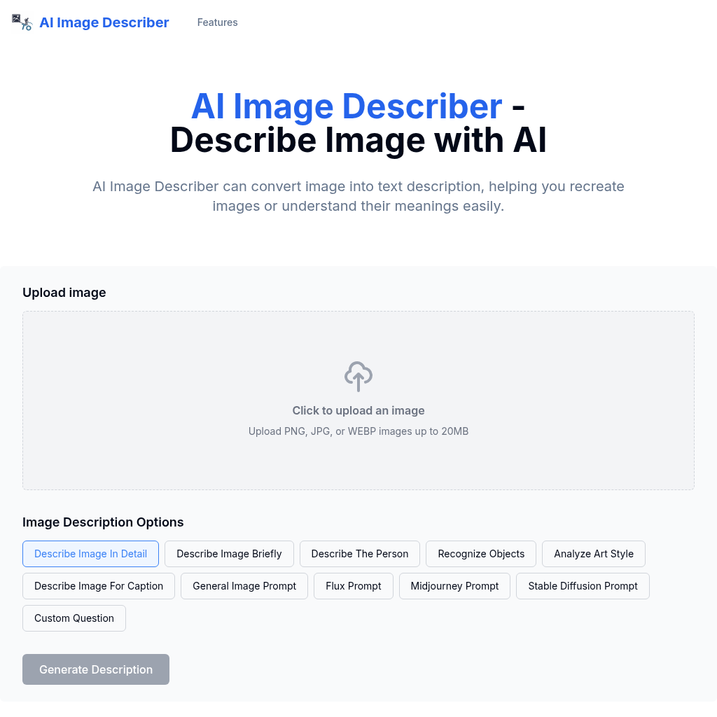 Бесплатный AI инструмент для описания изображений | AI Image Describer