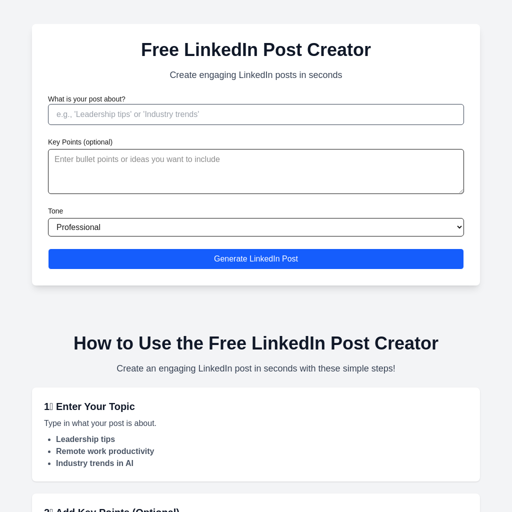 Free LinkedIn Post Creator by JaySConfig