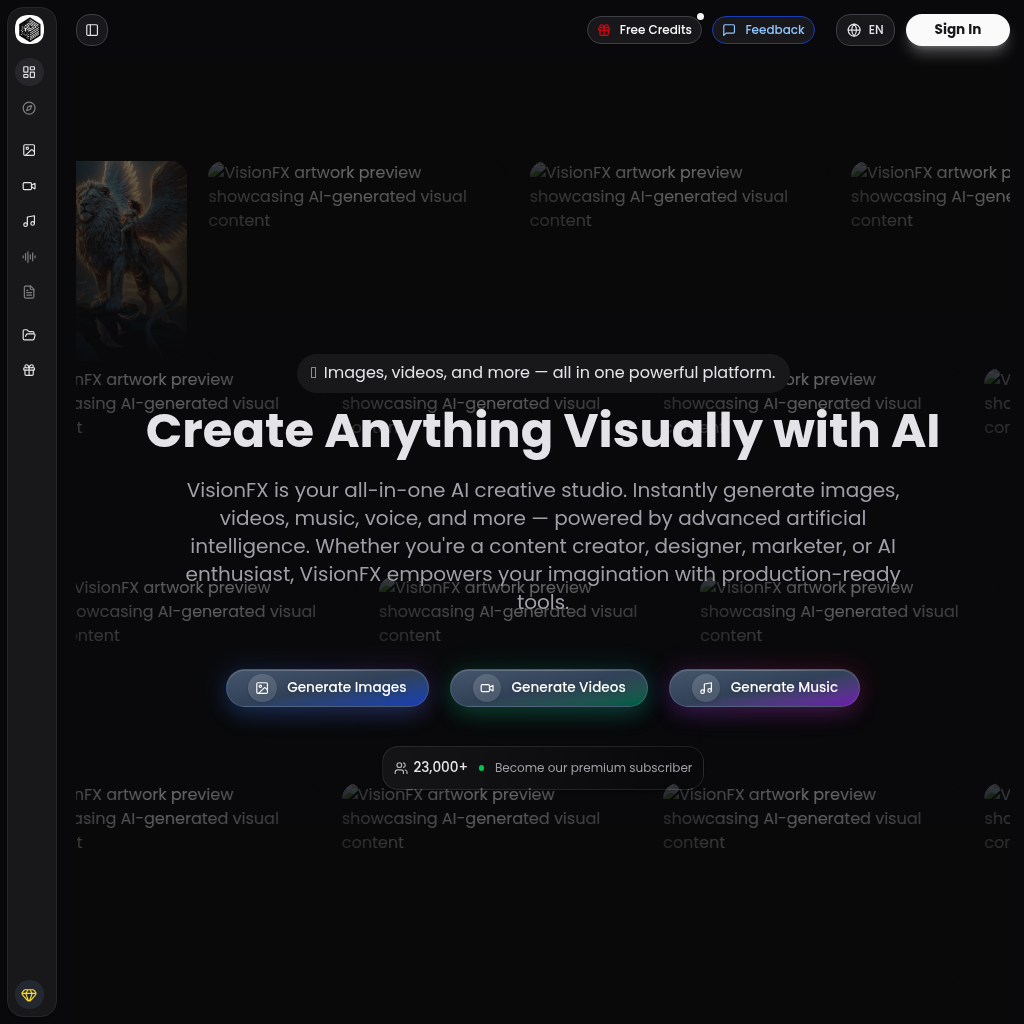 VisionFX AI Studio: Generate Images, Videos, Music & More