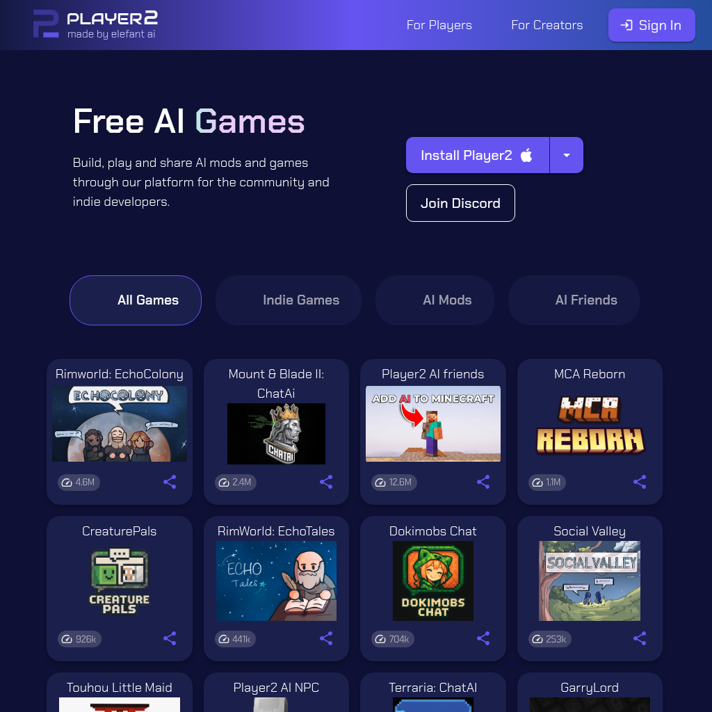 Player2 AI Games: Free AI Mods & Games - Elefant AI