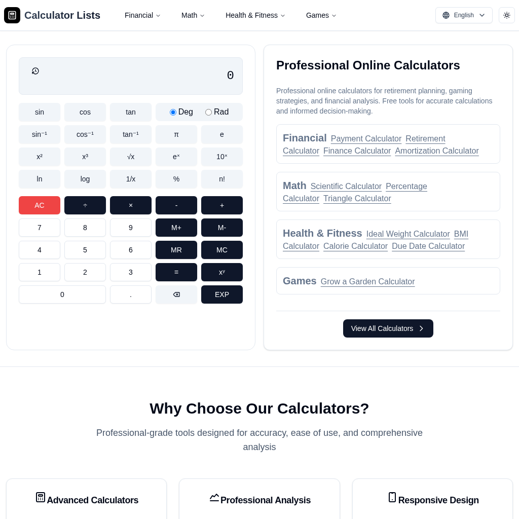CalculatorLists - Free Online Calculators for Finance, Health, Math & Games