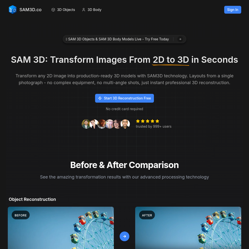 SAM3D.co: AI-Powered 2D to 3D Model Transformation