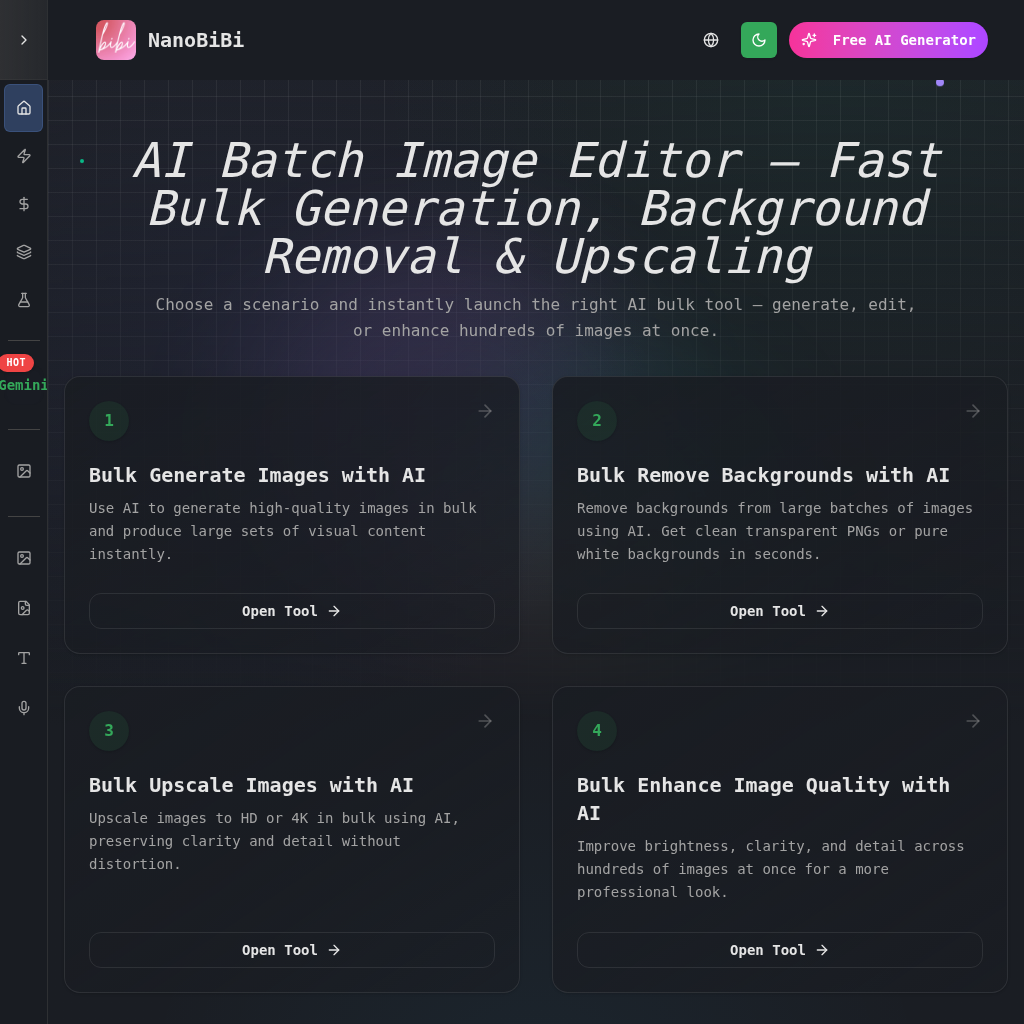 NanoBiBi: AI Batch Image Editor - Bulk Background Removal & Upscaling